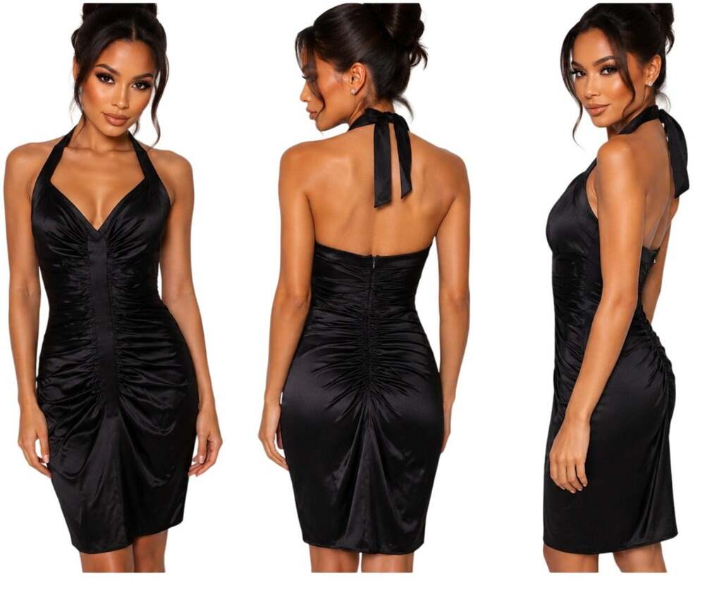 BCBGMaxAzria Black Silk Halter Cocktail Dress Ruched Bodycon Size 2